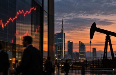 Нефтяная качалка и деловой район на фоне биржевого графика