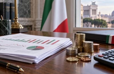 Документы со статистикой бюджета Италии и монеты евро